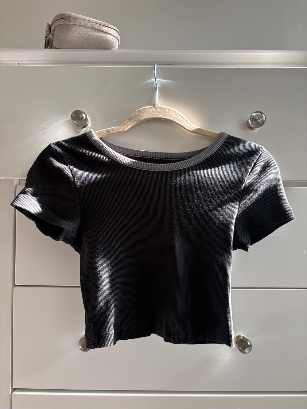 BDG Black Ribbed Crop Top with Light Gray Neckline